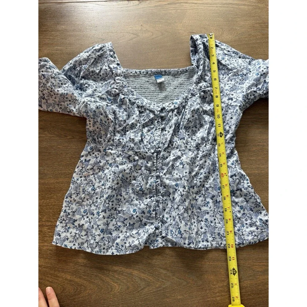 Old Navy Women's M Blue Paisley Smocked Puff Sleeve Babydoll Button Blouse